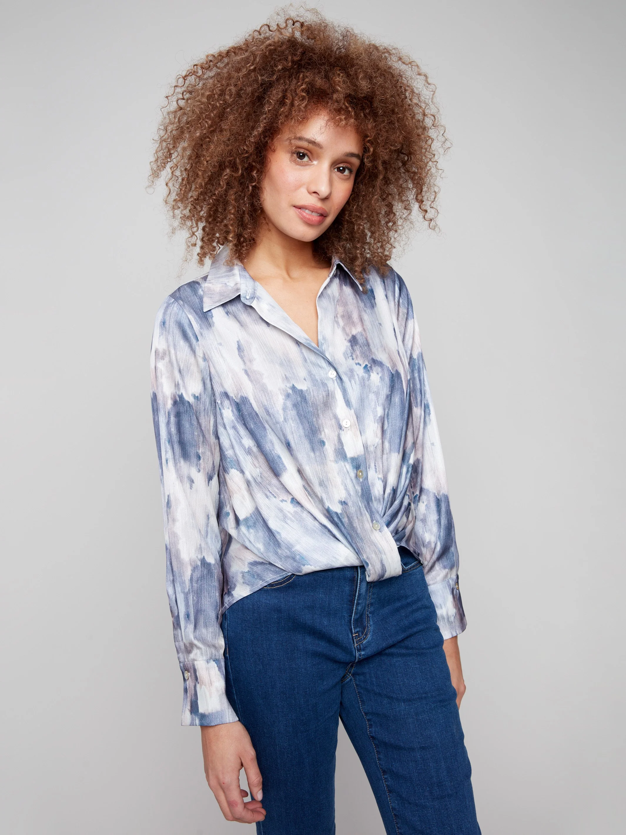 Printed Button-Down Shirt With Twisted Front - Pearly - WHSBYS