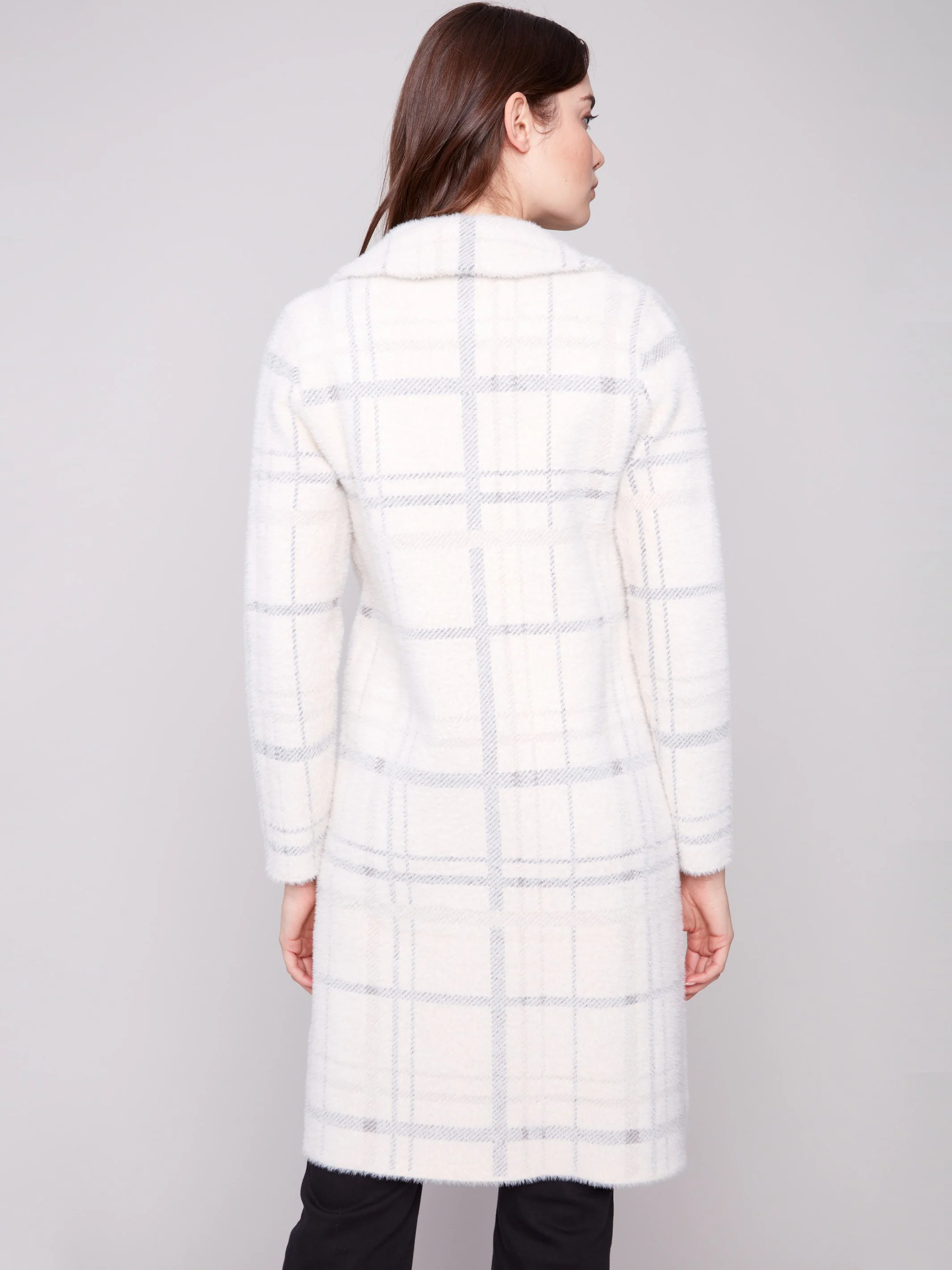 Long Plaid Knit Coatigan - Ivory - WHSBYS