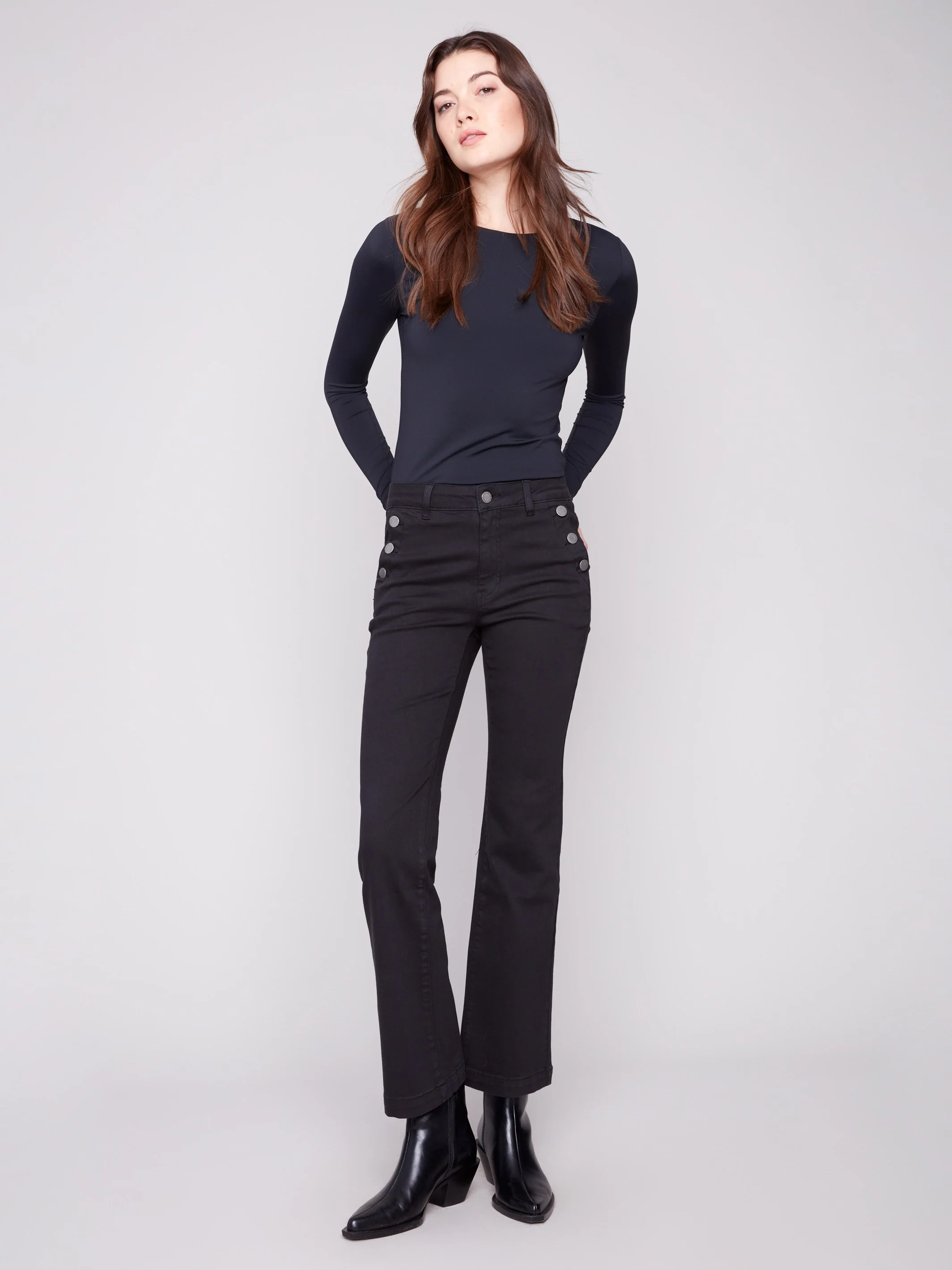 Flare Leg Stretch Twill Pants With Buttons - Black - WHSBYS