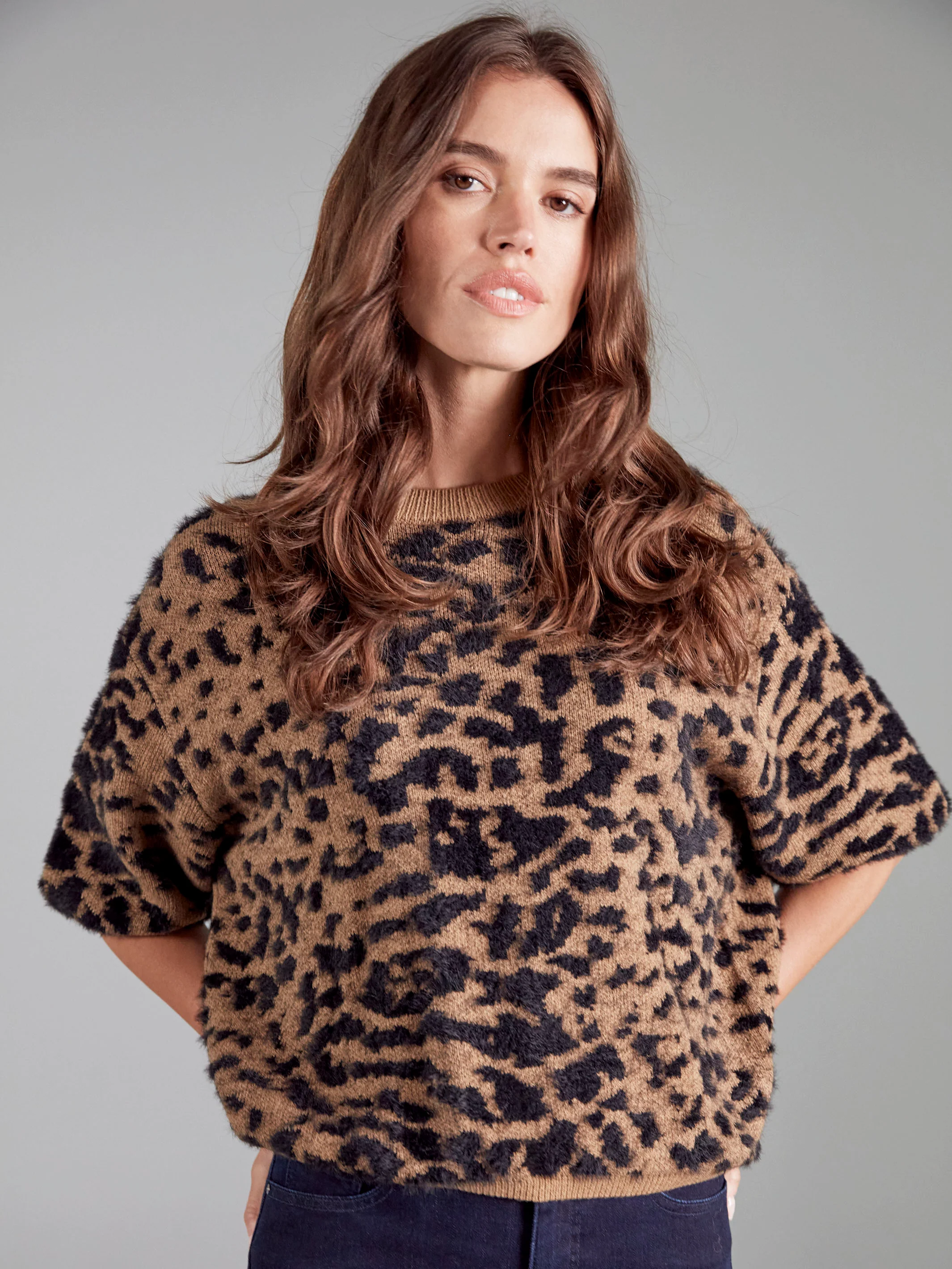 Balloon Elbow Sleeve Knit Sweater - Leopard - WHSBYS