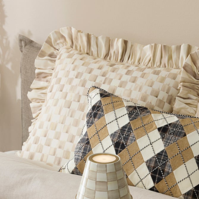 Mocha Check Throw Pillow with Ruffle - {current_domain}