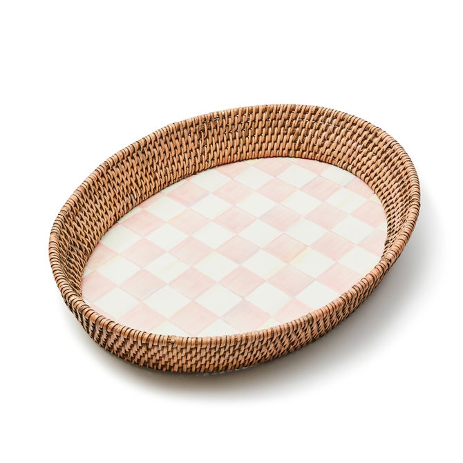 Rosy Check Large Enamel & Rattan Serving Tray - {current_domain}