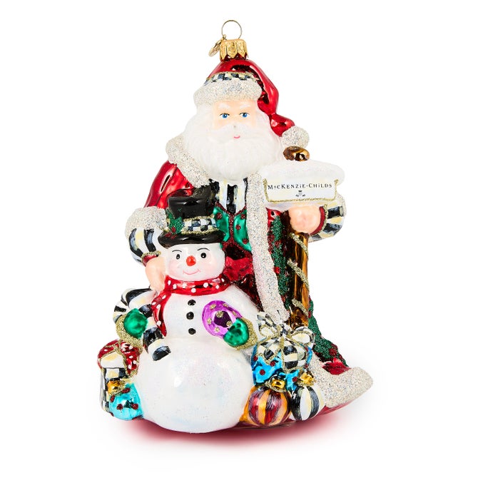 Santa & Snowman Glass Ornament - {current_domain}