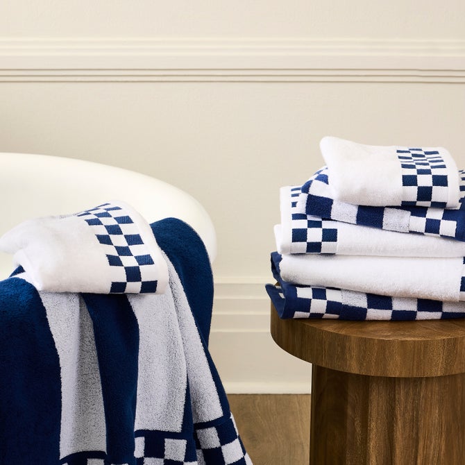 Hand Towel with Navy Check Border - {current_domain}