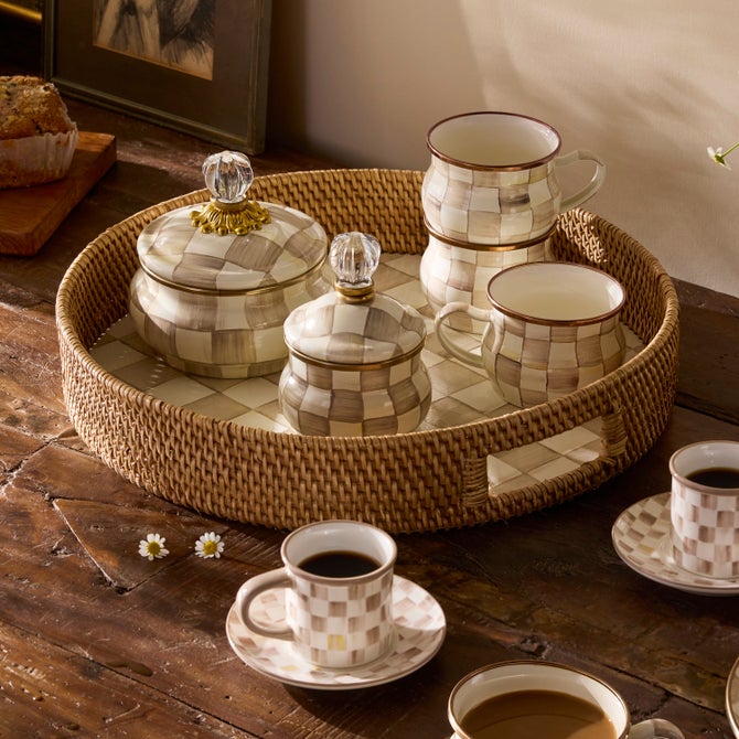 Mocha Check Enamel & Rattan Round Serving Tray - {current_domain}