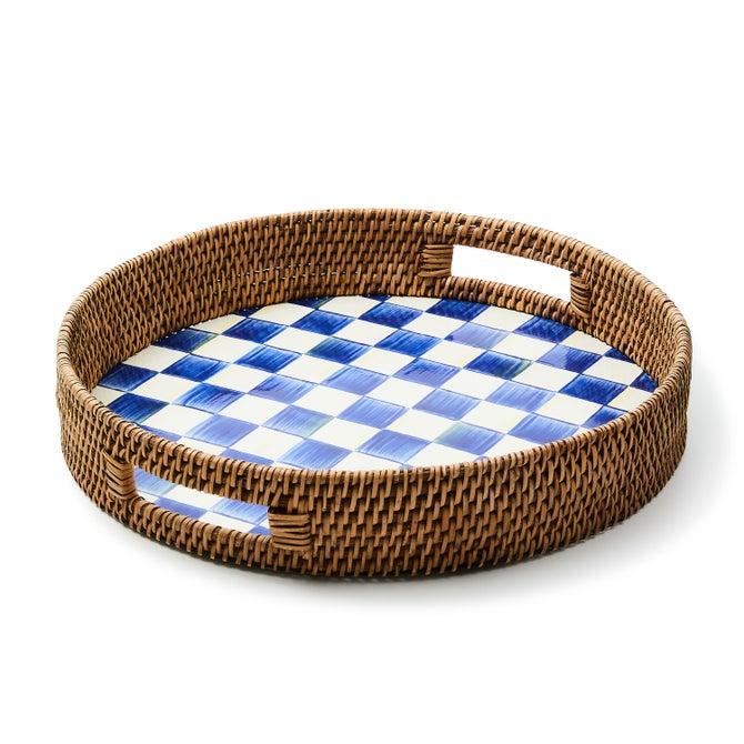 Royal Check Enamel & Rattan Round Serving Tray - {current_domain}