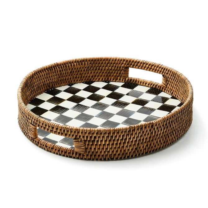 Courtly Check Enamel & Rattan Round Serving Tray - {current_domain}