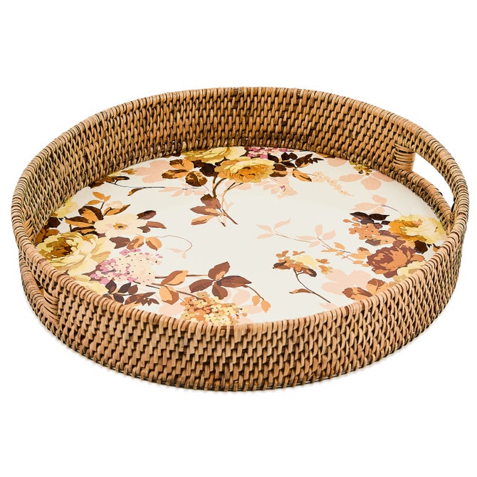 Wild Rose White Enamel & Rattan Round Serving Tray - {current_domain}