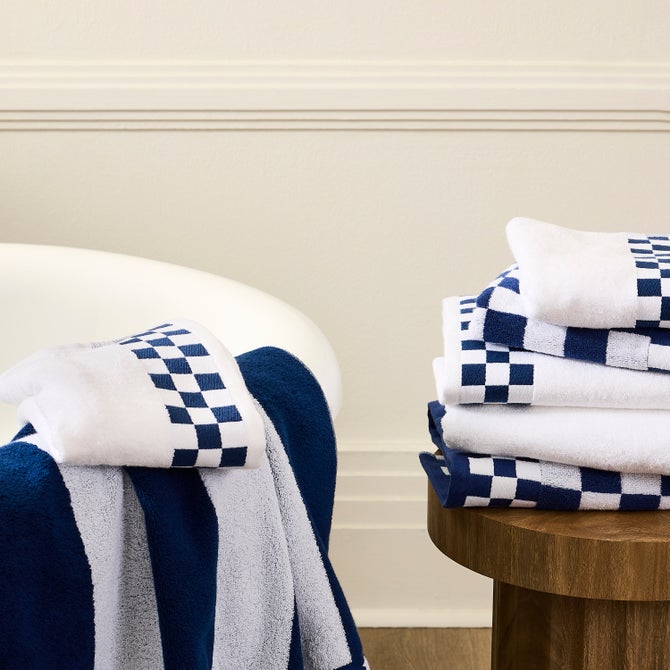 Bath Towel with Navy Check Border - {current_domain}