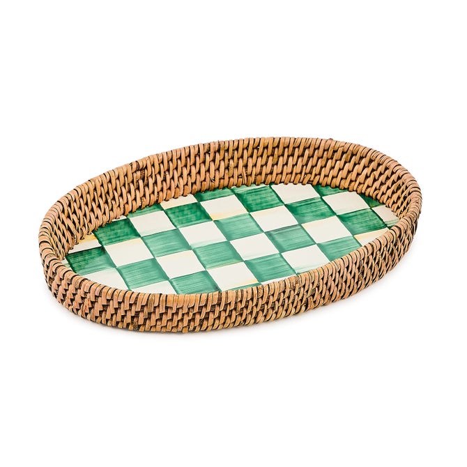 Emerald Check Enamel & Rattan Small Tray - {current_domain}