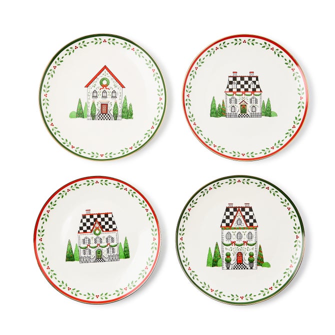 Holly Village Ceramic Dessert Plates, Set of 4 - {current_domain}