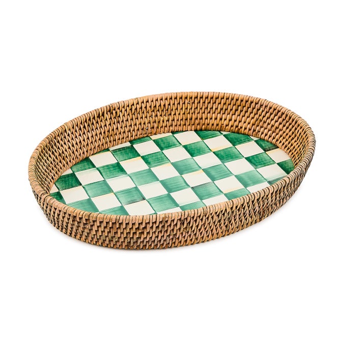 Emerald Check Enamel & Rattan Large Tray - {current_domain}