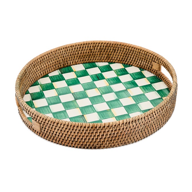 Emerald Check Enamel & Rattan Round Serving Tray - {current_domain}