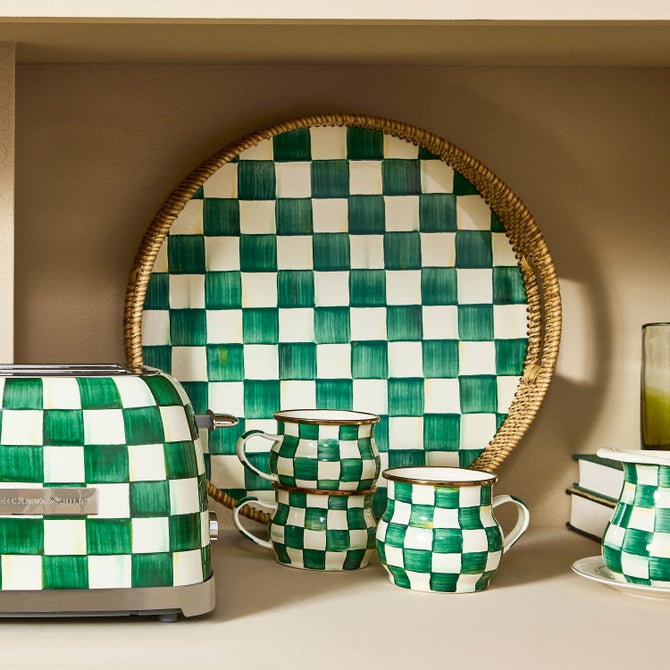 Emerald Check Enamel & Rattan Round Serving Tray - {current_domain}