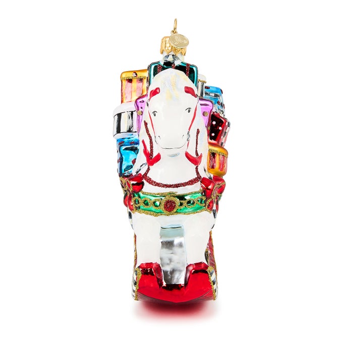 Rocking Horse with Gifts Glass Ornament - {current_domain}