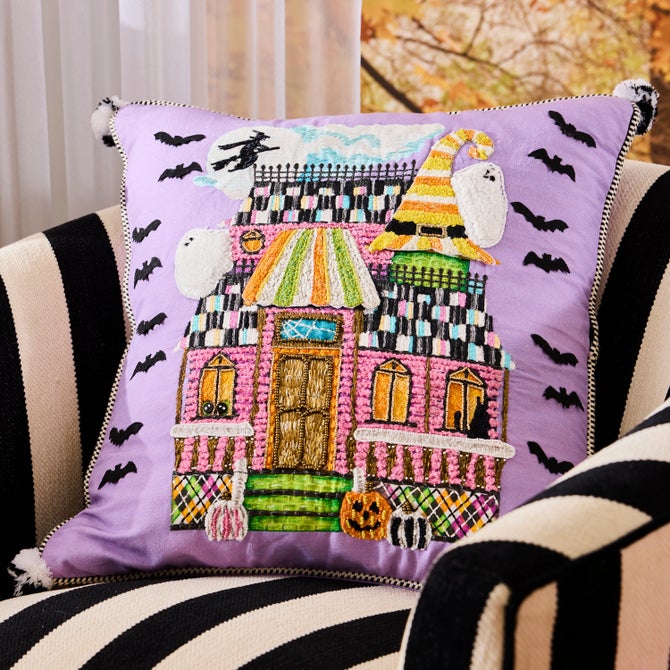 Trick or Treat House Throw Pillow - {current_domain}