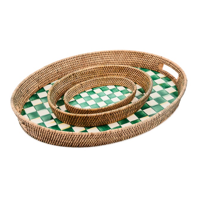 Emerald Check Enamel & Rattan Large Tray - {current_domain}