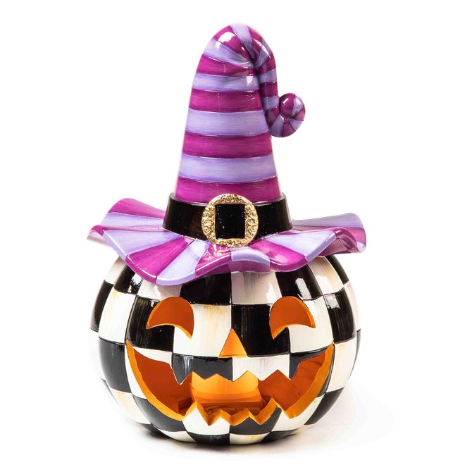 Illuminated Happy Jack Pumpkin with Purple Hat - {current_domain}