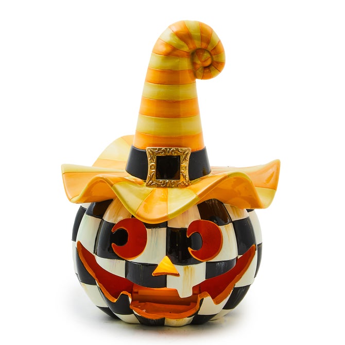 Illuminated Happy Jack Pumpkin with Yellow Hat - {current_domain}