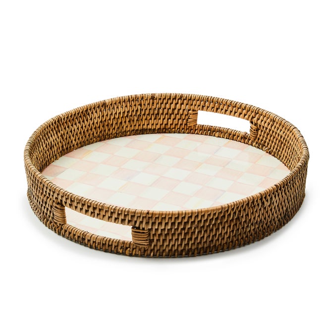 Rosy Check Enamel & Rattan Round Serving Tray - {current_domain}