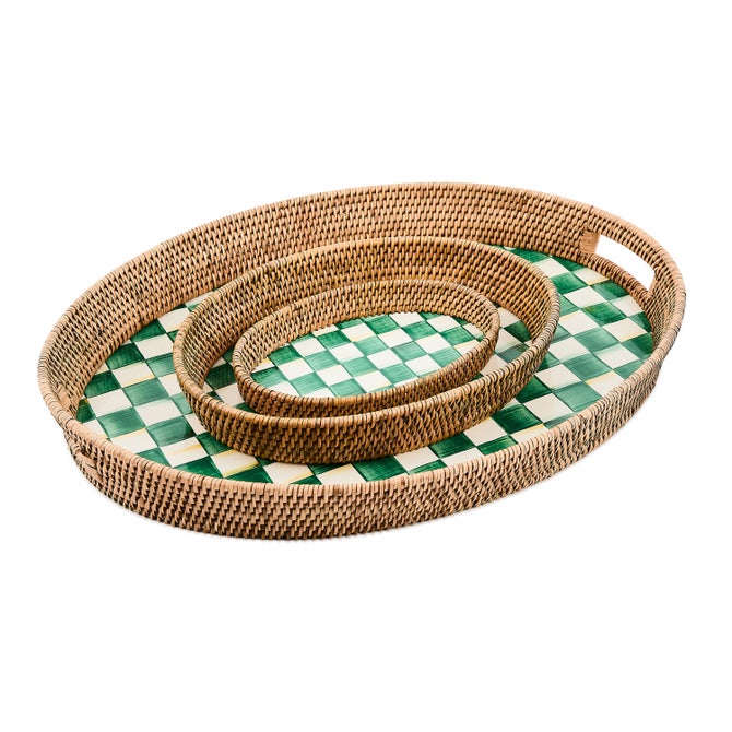 Emerald Check Enamel & Rattan Small Tray - {current_domain}