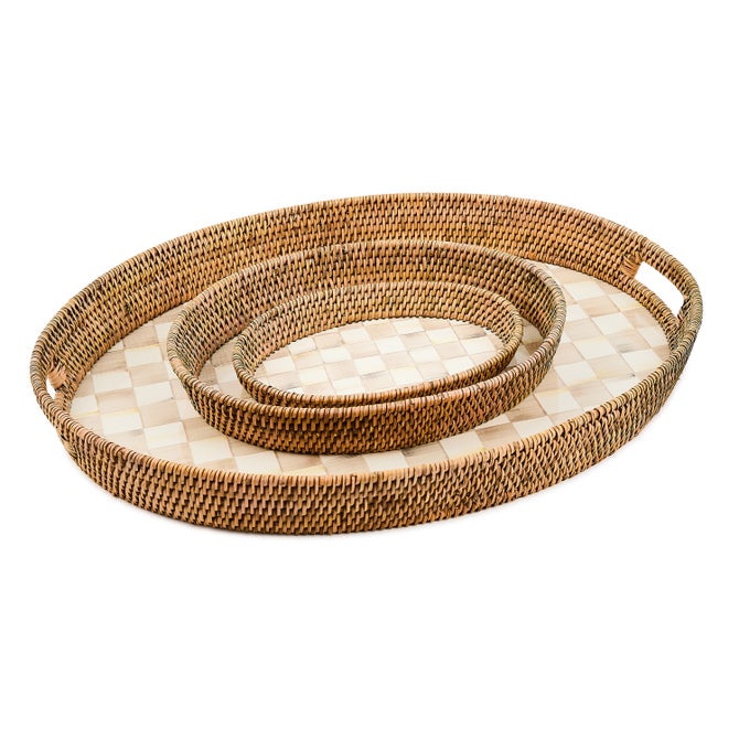 Mocha Check Enamel & Rattan Large Tray - {current_domain}