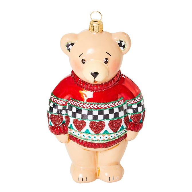 Cozy Christmas Sweater Bear Glass Ornament - {current_domain}