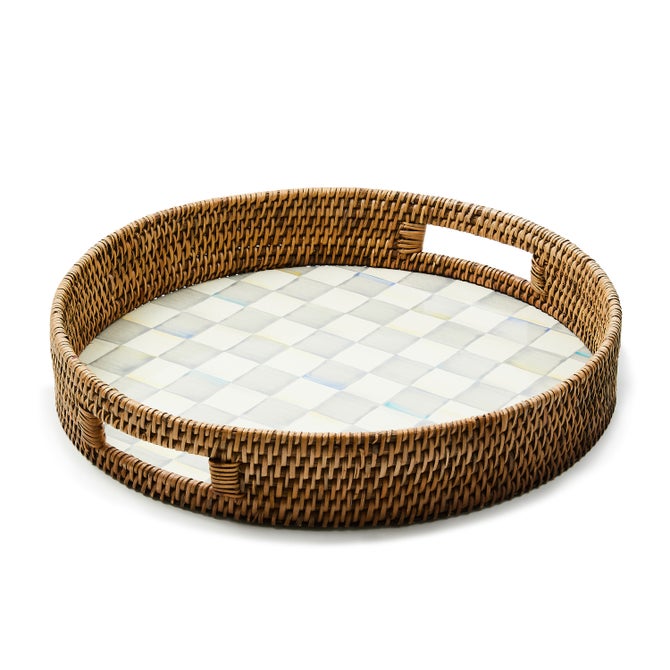 Sterling Check Enamel & Rattan Round Serving Tray - {current_domain}