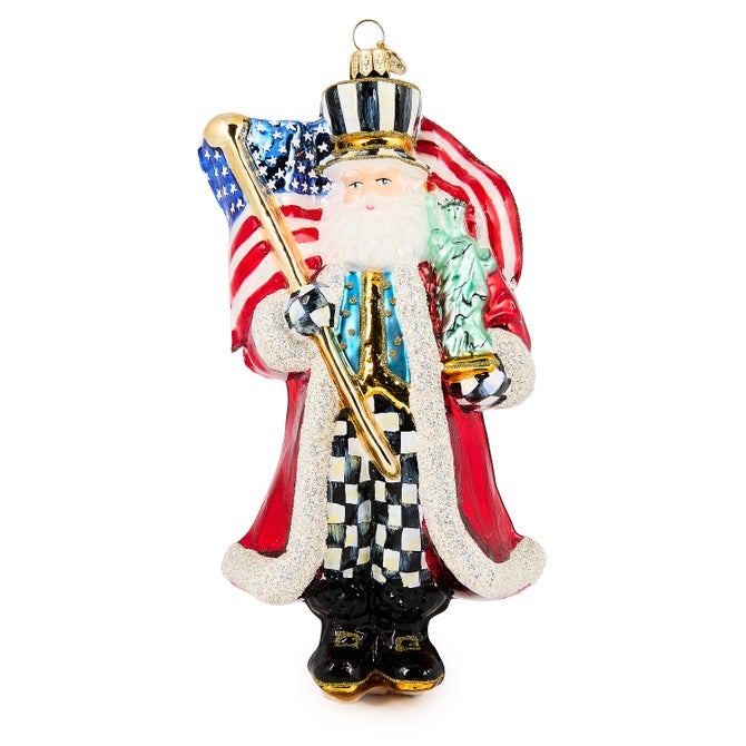 Santa with Flag Glass Ornament - {current_domain}