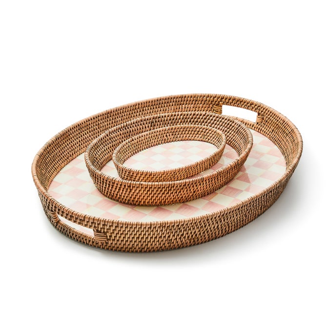 Rosy Check Enamel & Rattan Party Tray - {current_domain}