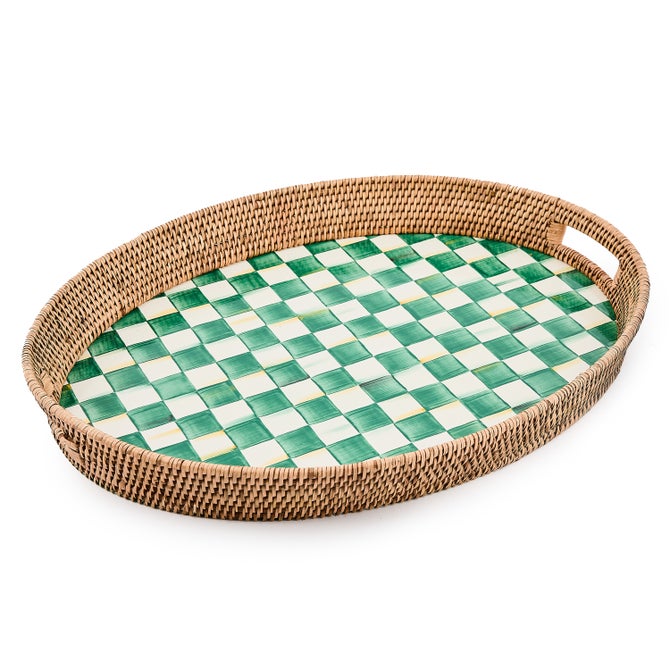 Emerald Check Enamel & Rattan Party Tray - {current_domain}