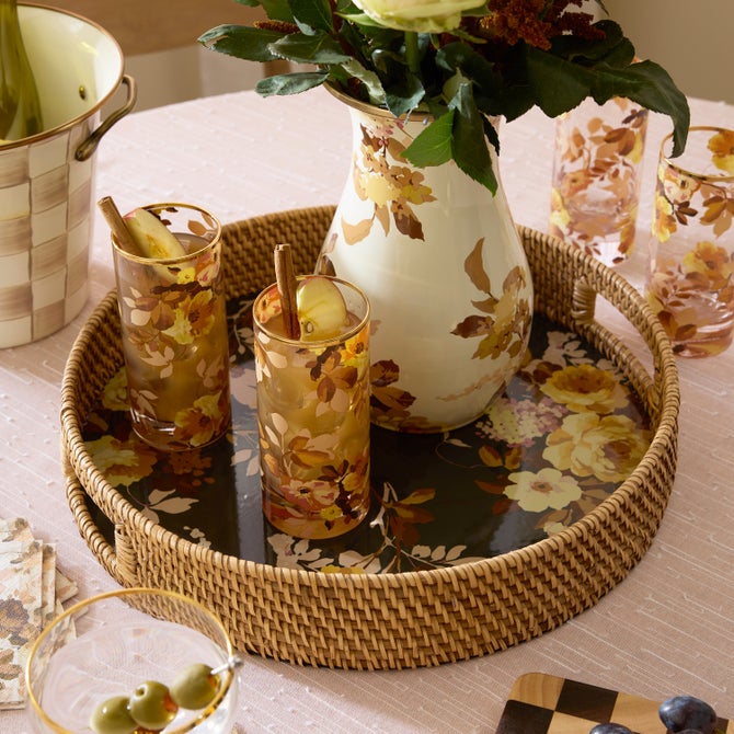 Wild Rose Brown Enamel & Rattan Round Serving Tray - {current_domain}