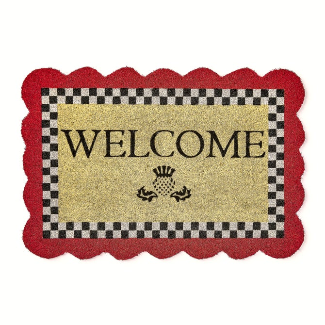 Red Scalloped Welcome Entrance Mat - {current_domain}