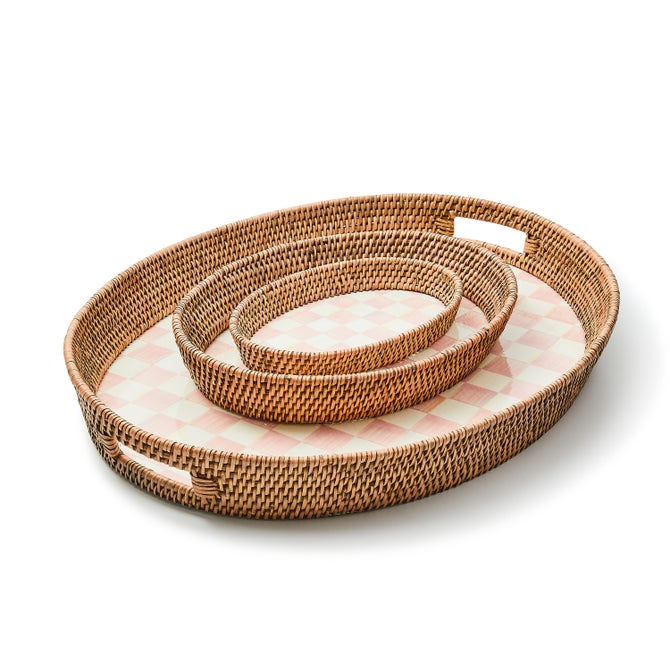 Rosy Check Small Enamel & Rattan Serving Tray - {current_domain}