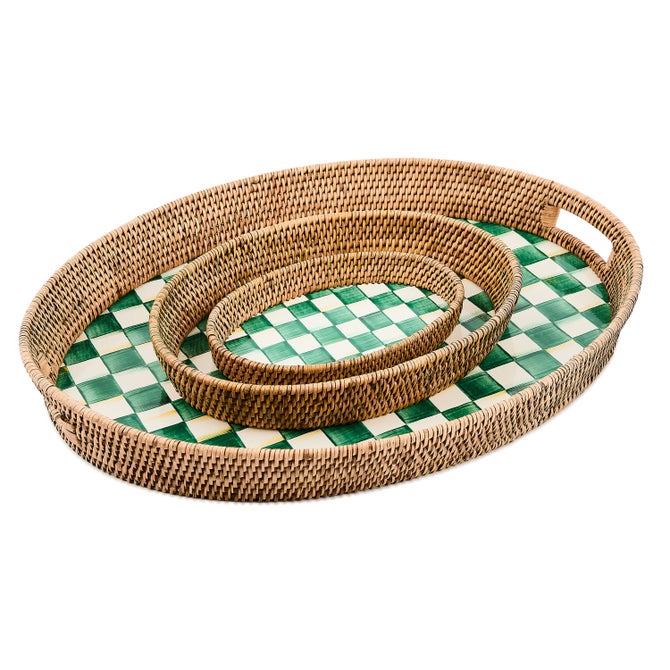 Emerald Check Enamel & Rattan Party Tray - {current_domain}