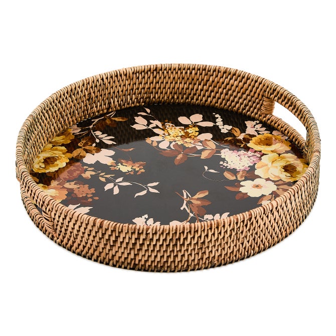 Wild Rose Brown Enamel & Rattan Round Serving Tray - {current_domain}