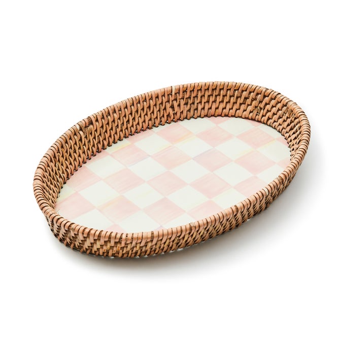 Rosy Check Small Enamel & Rattan Serving Tray - {current_domain}