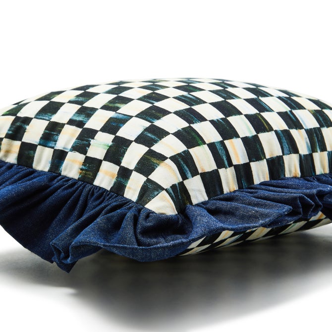 Courtly Check With Denim Ruffle Lumbar Throw Pillow - {current_domain}
