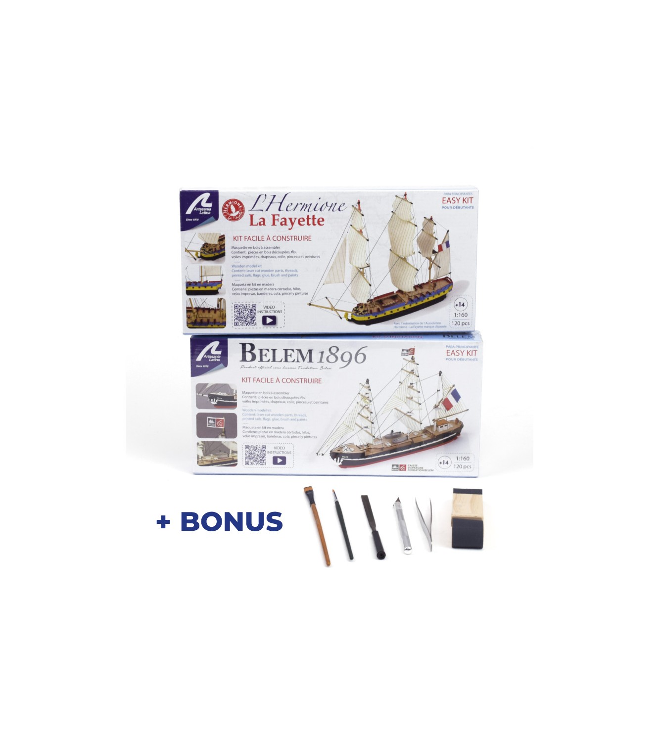 Gift Pack with Easy to Build Models and Tools: Easy Kits Ships Hermione La Fayette et Belem