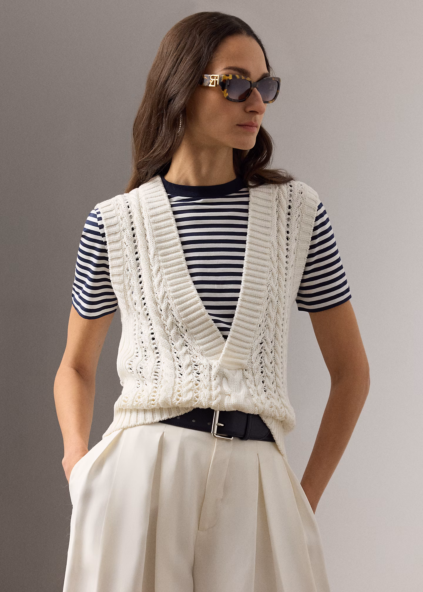 Baumwoll-Seiden-Pullunder mit Zopfmuster - RALPH LAUREN OUTLET