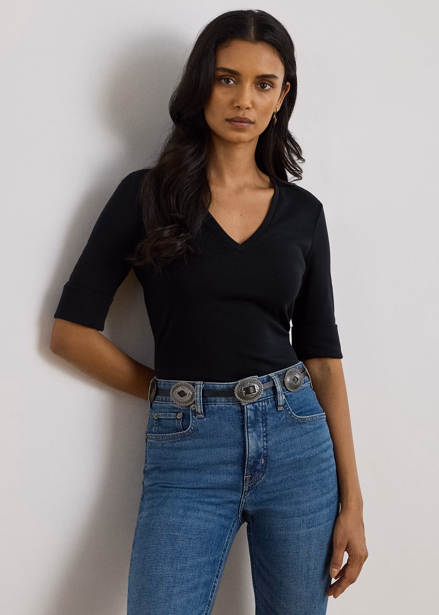 Baumwollstretch-T-Shirt mit V-Ausschnitt - RALPH LAUREN OUTLET