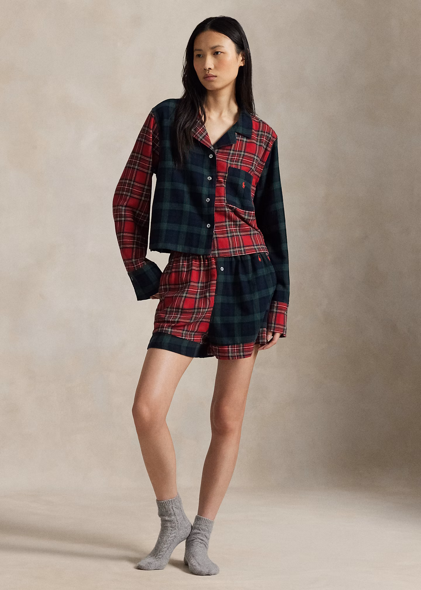 Karierter Flanell-Pyjama mit Shorts - RALPH LAUREN OUTLET