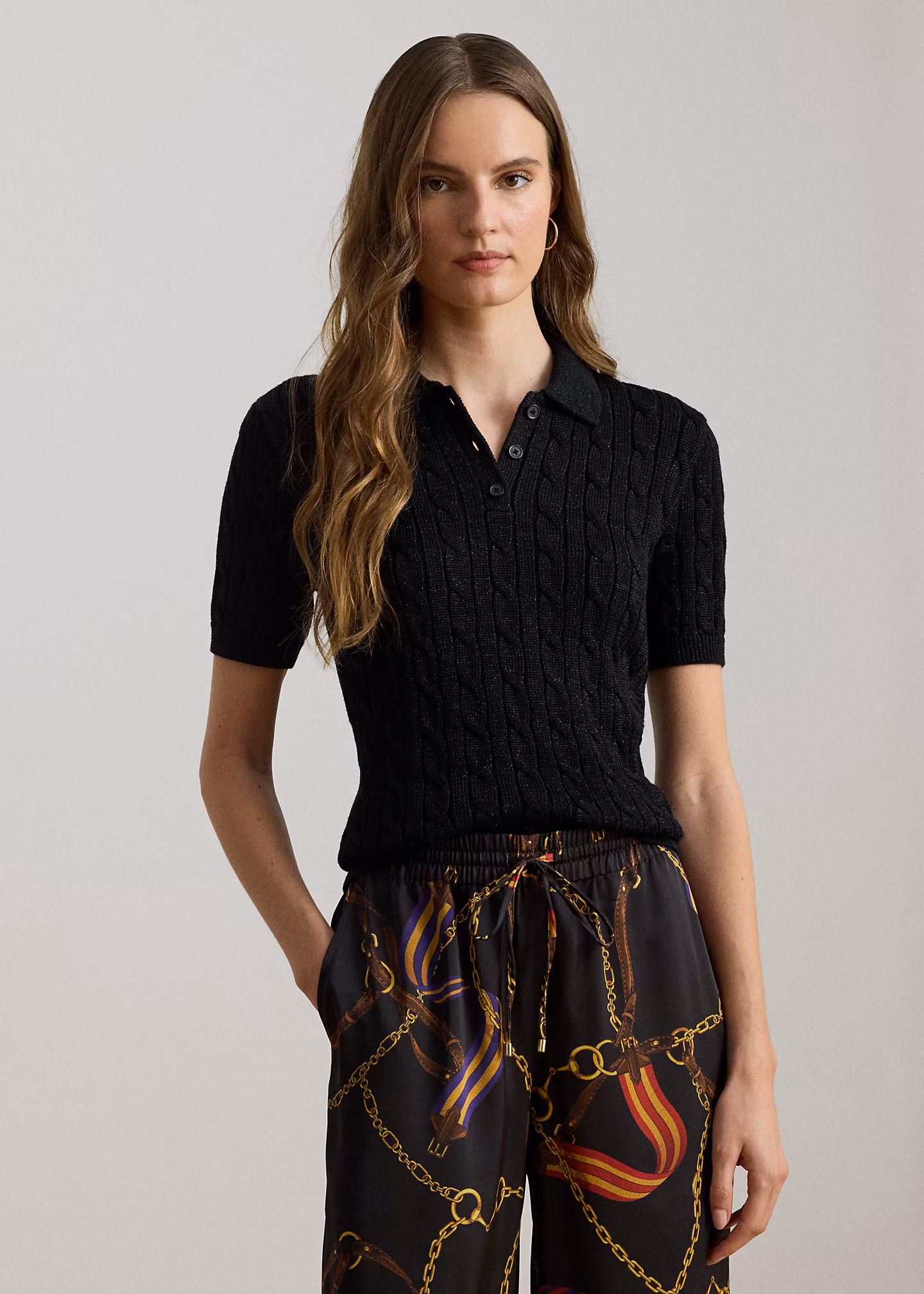 Metallic Cable-Knit Polo Sweater - RALPH LAUREN OUTLET