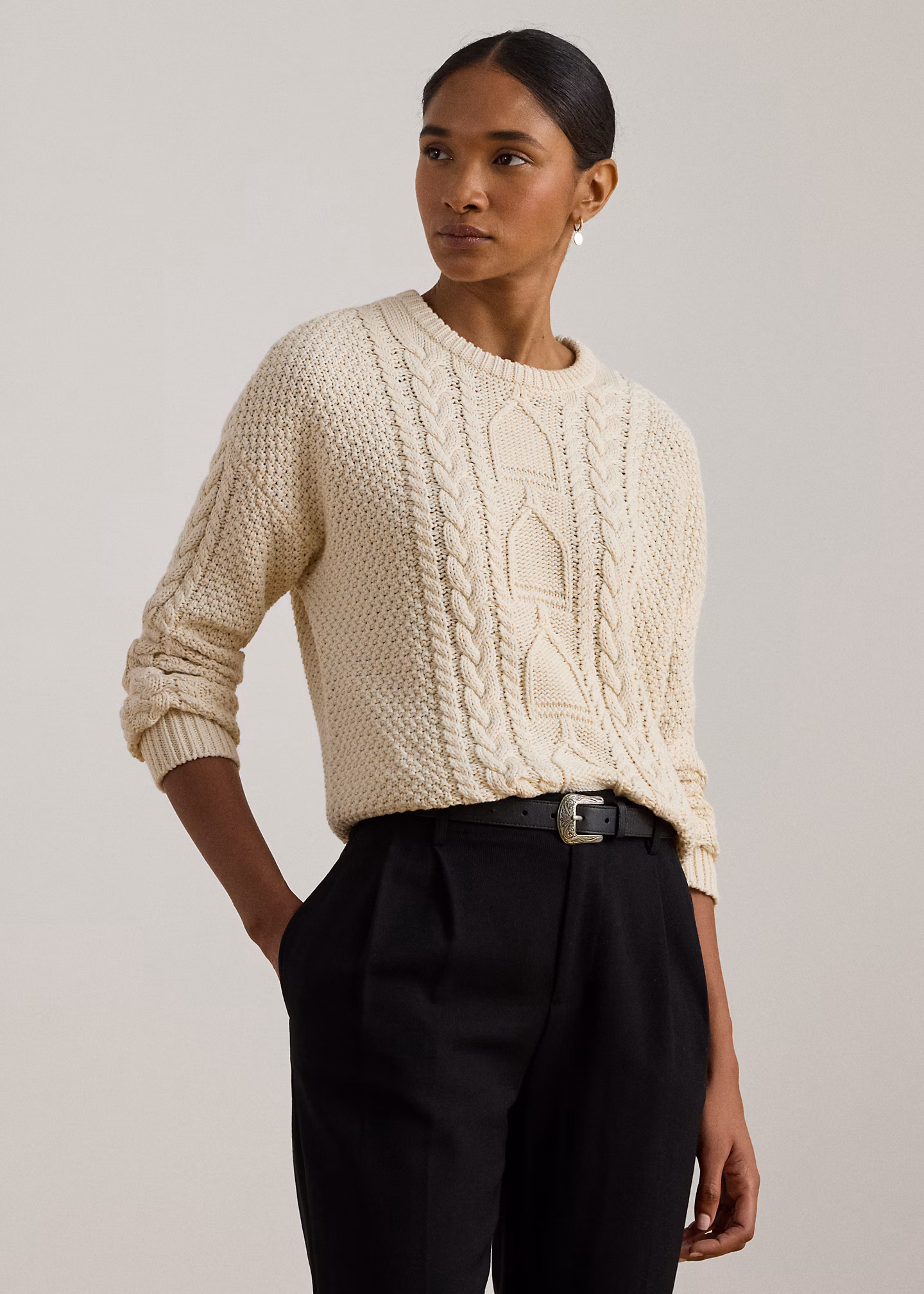 Baumwoll-Rundhalspullover mit Zopfmuster - RALPH LAUREN OUTLET