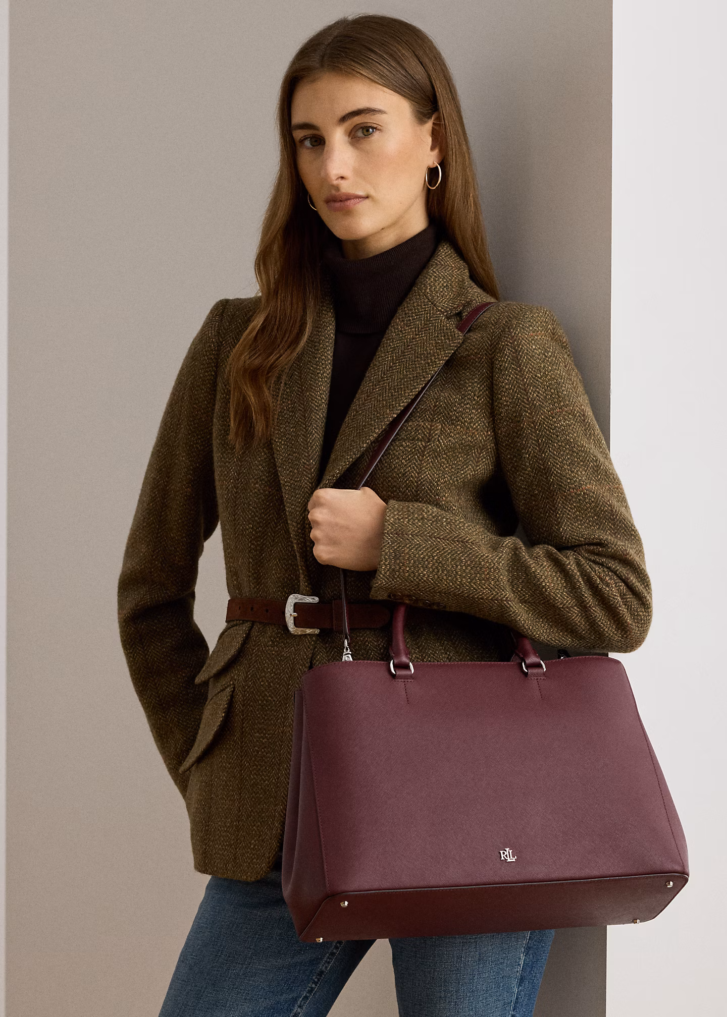 Crosshatch Leather Large Hanna Satchel - RALPH LAUREN OUTLET