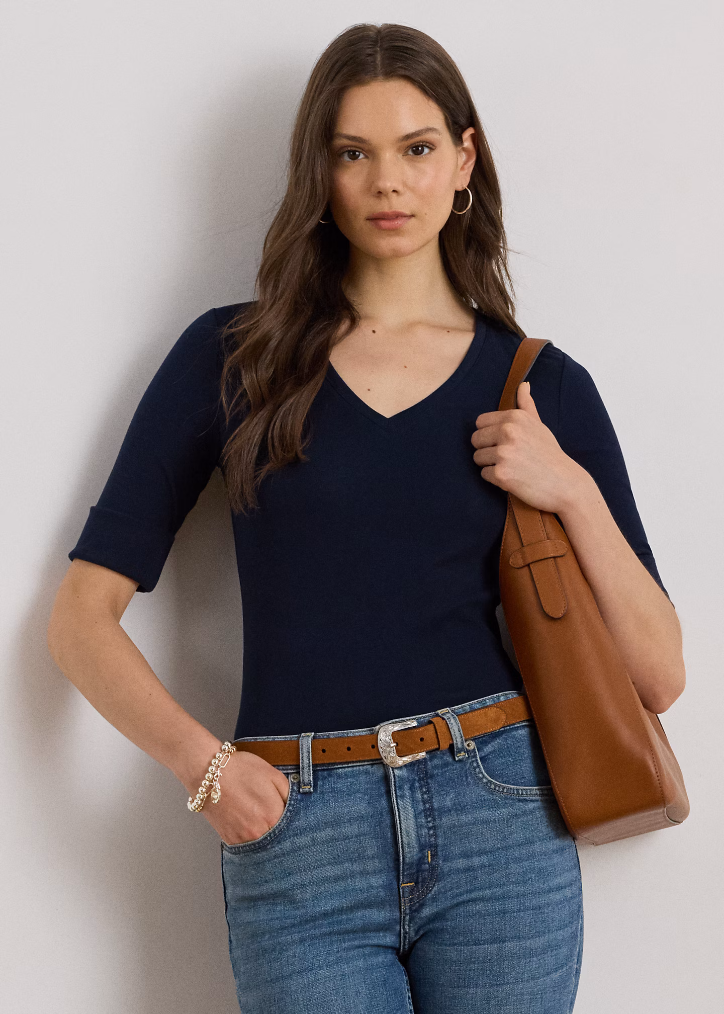 Baumwollstretch-T-Shirt mit V-Ausschnitt - RALPH LAUREN OUTLET