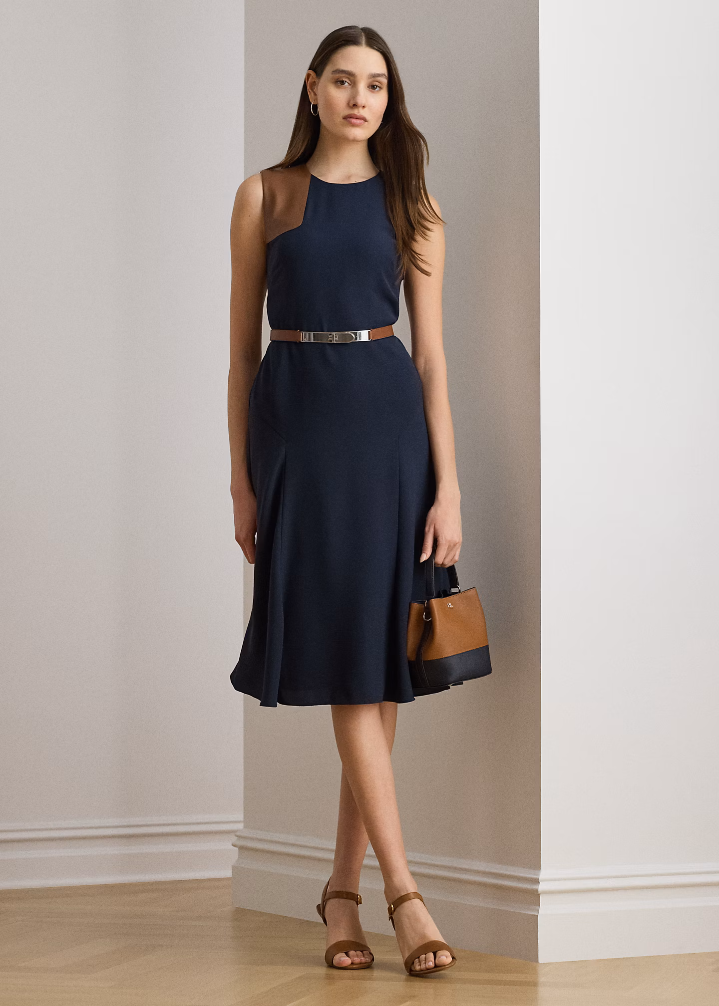 Georgettekleid mit Kunstlederbesatz - RALPH LAUREN OUTLET