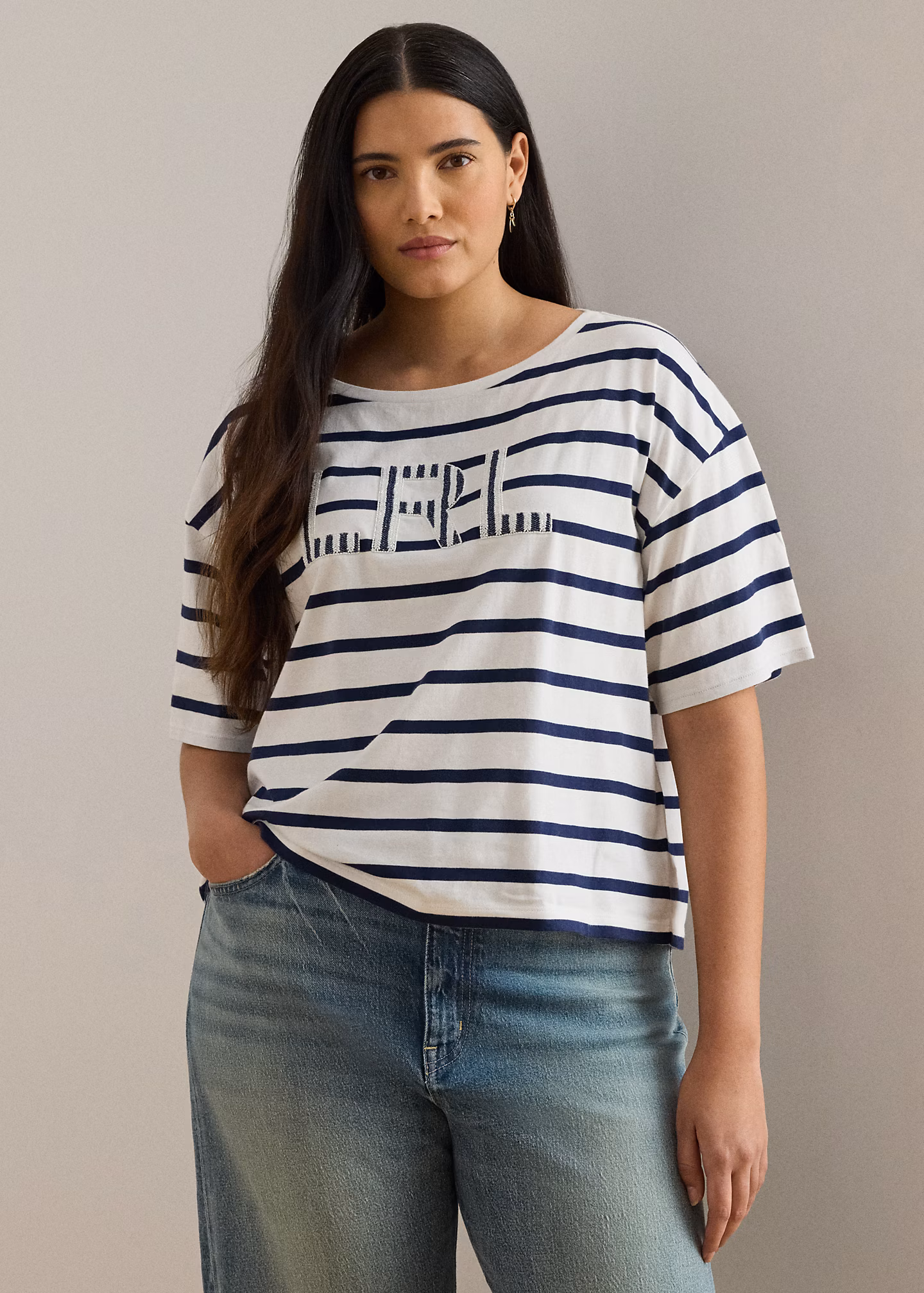 Gestreiftes T-Shirt mit Perlenlogo - RALPH LAUREN OUTLET