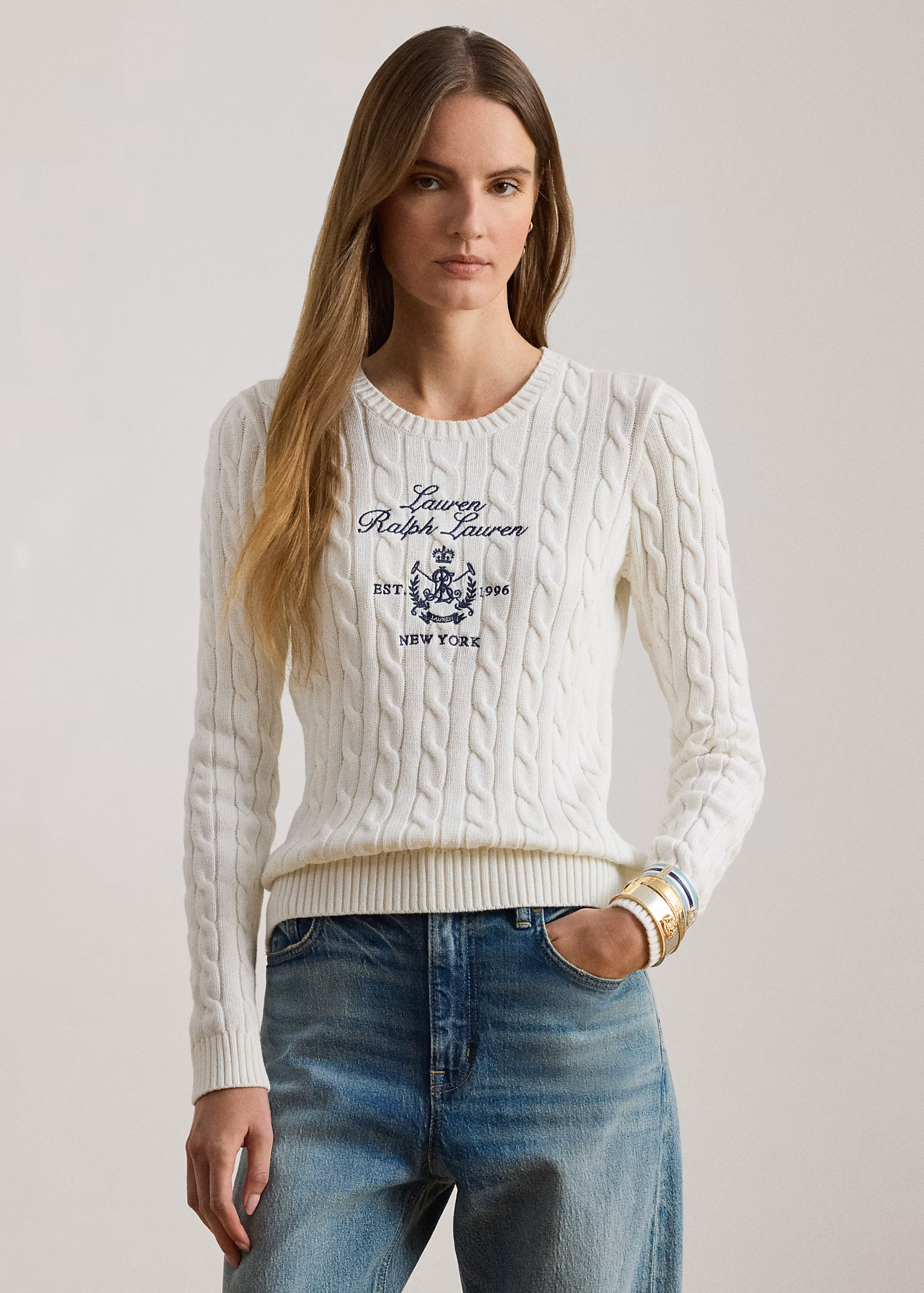 Zopfmusterpullover mit gesticktem Wappen - RALPH LAUREN OUTLET