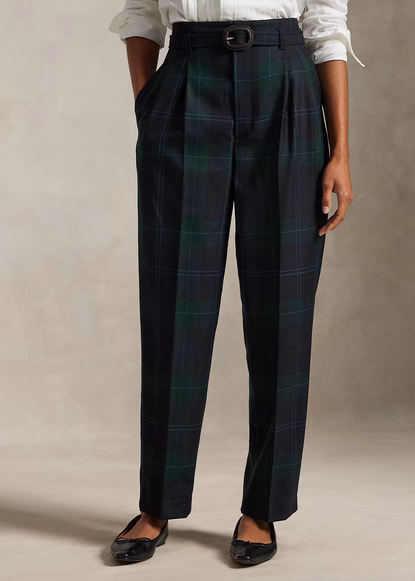 Belted Plaid Wool Pleated Tapered Pant - RALPH LAUREN OUTLET